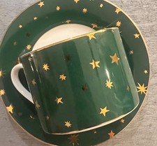 Sakura Galaxy Green Holiday Cup & Saucer  w/14K Gold Stars Fine porcelain