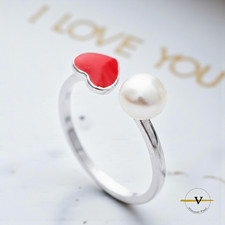 ANELLO DONNA CUORE ROSSO E PERLA  ARGENTO 925 REGOLABILE  REGALO SAN VALENTINO