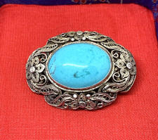 ANTICA SPILLA IN FILIGRANA CINESE ARGENTO VERMEILLE E CABOCON DI TURCHESE