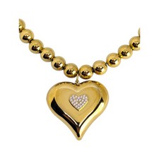 Collana da Donna Acciaio Gold con Sfere e Cuore Bombato con Brillantini Sonaglio