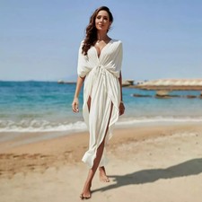 Kaftano Copricostume Bianco Lungo Con Ricami E Manica Ampia T103D1D927