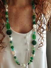 ?COLLANA LUNGA DONNA PIETRE DURE VERDE,OCCHIO DI GATTO,AGATA,PERLE  MAIORCA. ❤
