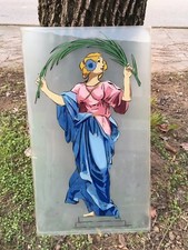 VETRO ANTICO DIPINTO A MANO 61 X 31 CM DEA GRECA ALLEGORIA GLASS ART NUVEAU