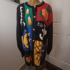 Vintage Halloween Spooky Autumn Ghost Witch Knit Long Cardigan Gladys Bagley L