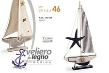 BARCA VELIERO DECORATIVA LEGNO ANCORA SALVAGENTE CORDE VELA MARE MARINA 46 CM