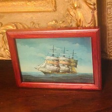 Portagioie vetro rovesciato dipinto a mano nave alta scena oceano ciliegio antico vintage