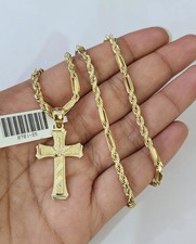 10k Milano Corda Catena Gesù Croce Charm Collana SET 3mm 18"-26" Ciondolo