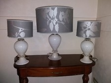 TRIS LAMPADE MURANO BIANCHE CAPPE TESSUTO DECORATO GRIGIO