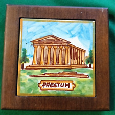 Sottopentola in legno con piastrella di ceramica disegno Tempio di Paestum 14x14