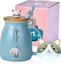 Tazza Di Gatto Carino Da Caffè in Ceramica Con Coperchio E Cucchiaio in Legno Ka