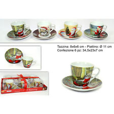 x Set 6 Tazzine Tazze Caffè Con Piattini Ceramica Decorata Fantasia Natale dfh