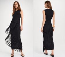 Abito body SIMON MILLER nero asimmetrico frange a spirale maglia a costine XL = 10/12