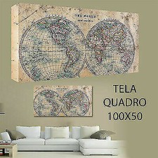 QUADRI MODERNI TELA ARTE 100X50 CARTA GEOGRAFICA EFFETTO PAPIRO MONDO GEOGRAFIA