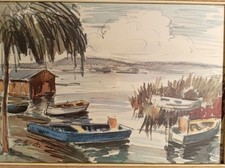 GIACINTO GALBIATI (1908-1992) QUADRO DIPINTO ACQUARELLO ANNI '50 FIRMATO MARINA