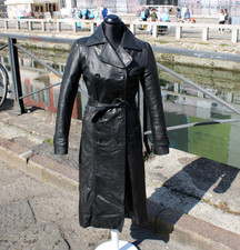 Trench lungo donna in pelle nera vintage con cintura – Taglia  S slim