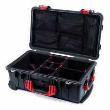 Custodia Pelican 1510 nera e rossa con divisori TrekPak e organizer coperchio in rete.