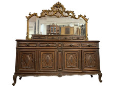 Antica credenza Barocco Piemontese in noce ante scolpite con grande specchier...