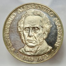 MEDAGLIA IN ARGENTO I° CENTENARIO ALESSANDRO MANZONI 1783 1873 RENZO E LUCIA
