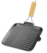 BISTECCHIERA GHISA GREZZA PIENA PESANTE QUADRATA ANTIADERENTE MANICO LEGNO 24 cm