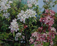 Oil painting Apple trees in bloom, Kyiv park Ukrainian painter original art