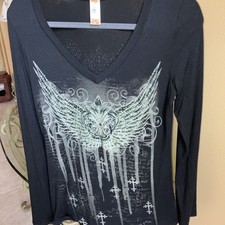 Top donna S-Twelve nero impreziosito ali d'angelo strass manica lunga