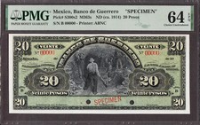 Messico Banco de Guerrero 20 Pesos Ca 1914 SPECIMEN Pick-S300s2 CH UNC PMG 64 EPQ