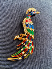 Spilla Vintage Anni '70 Metallo Dorato Zirconi e Smalti - Pavone