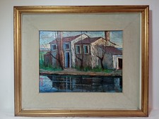 Antonio Bonetti - Case sul fiume 1970 - olio su tela in cornice lignea