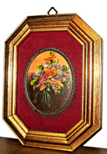 Quadro ovale dipinto a olio firmato Cornice ottagonale in legno dorato - Vintage