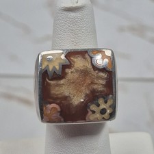 Vintage Alan K Sterling Silver 925 Resin Designo Briwn Enamel Ring Sz 6.5