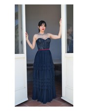 Abito Lungo Blu Donna Cintura Velluto Matrimonio Damigella Cerimonia Sposa