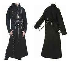 Steampunk Rock Trench Gotico Lungo Nero Fibbia Cerniere Catene Halloween Cappotto Lungo