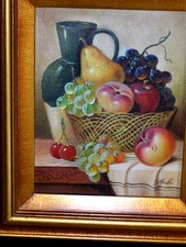 ORIGINALE VECCHIO VINTAGE Cesto Brocca Frutta Natura Morta Tavolo Olio su Cnvs Dipinto