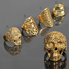 Donna Anello Ottone Anello Biker Teschio Fiori Piuma Oro RS58