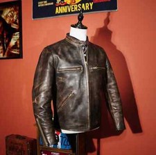 Giacca uomo cafe racer anni '30 MARRONE pelle bovina retrò bomber jacket slim fit