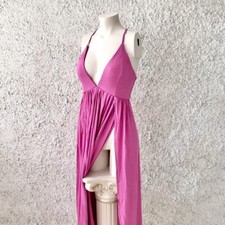 VESTITO ABITO LUNGO SPACCHI VERTIGINOSI FUCSIA CICLAMINO ROSA SCOLLATO COCKTAILS