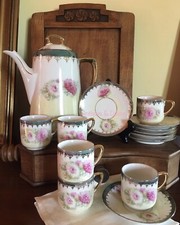 Antica Porcellana Servizio Caffè 6 Tazze Zuccheriera Caffettiera Tazza Piatto