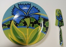 Piatto in coccio da torta con decorazione floreale + Spatola taglia-torta