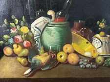 ANTICO DIPINTO OLIO NATURA MORTA CON FIORI E FRUTTA