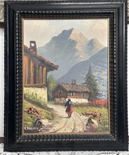 Antico quadro con cornice  -Olio su pannello - Paesaggio di montagna-Paggiola