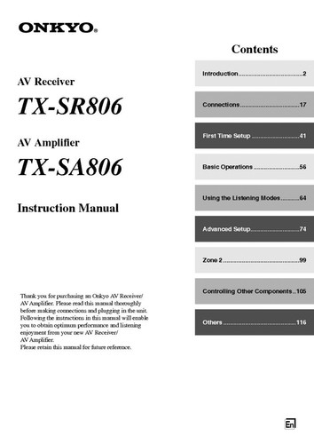 Onkyo integra sr806 - integra, tx-sr806