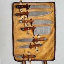 Set Coltelli Chef Cucina Forgiati a Mano 7 Pezzi Acciaio Damascato con Manici in Legno