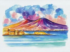Stampa artistica acquerello Vesuvio moderno Napoli