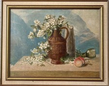 Quadro a Olio Natura Morta Storicismo Fiori Im Brocca Peach Romano E Vaso