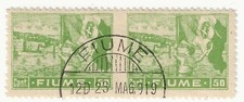 1919 Fiume - 50 c. verde (Carta C) coppia usata non dentellata al centro