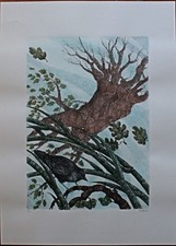 Enzo Bellini serigrafia colorata a mano La Canna e la Quercia 70x50 firmata 1987