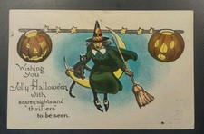 1925 Jolly Halloween Metropolitan News 363 Cartolina Strega e Gatto Nero sulla Luna 