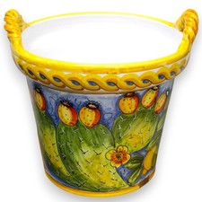 Vaso Cesta manici Corda, pregiata ceramica siciliana, h 35 x Ø 37 cm ca. decoro 