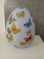 Antico Uovo in Gesso Dipinto a Mano con Farfalle 30 cm Vintage