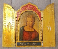 ANTICO TRITTICO SACRO IN LEGNO DIPINTO COLOR ORO: MADONNA AVE MARIA ART DECÒ